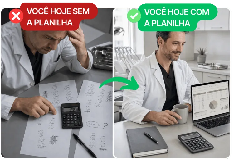 Antes e depois: dentista estressado fazendo conta de cabeça versus dentista tranquilo usando a Planilha de Precificação Odontológica